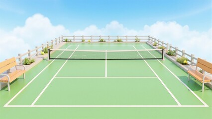 Fototapeta premium Outdoor Tennis Court with Benches and Fence