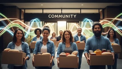 A diverse group of smiling people holding boxes of food in front of a building labeled COMMUNITY, with colorful energy waves flowing around them.