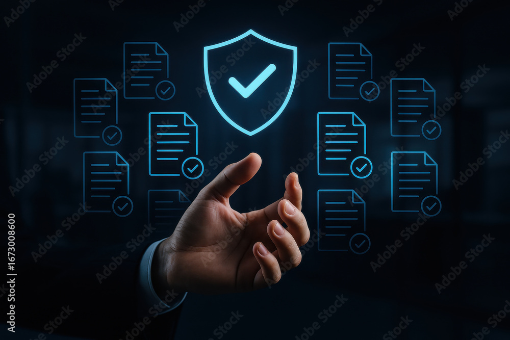Poster hand reaching out to digital shield and document icons representing data protection and security