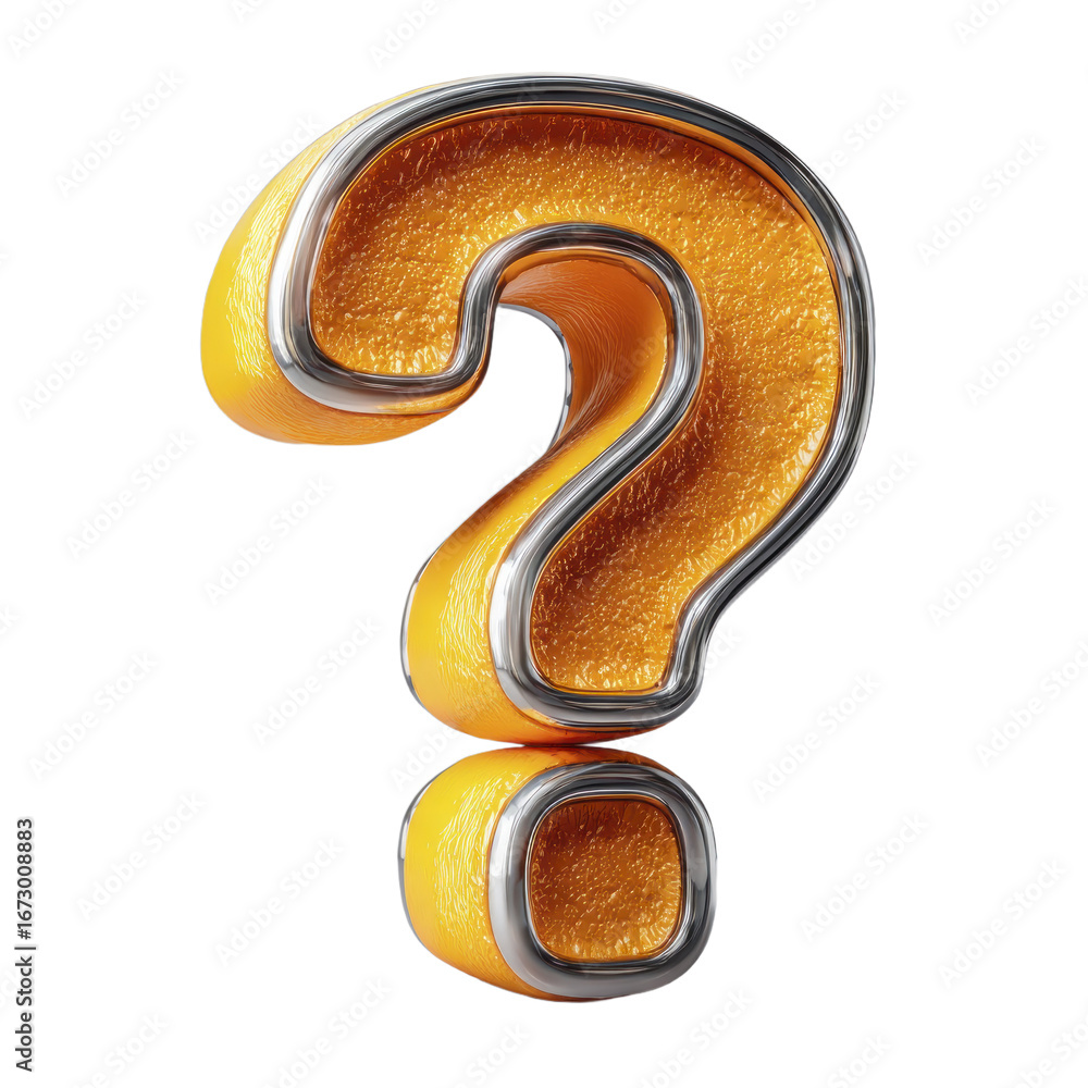 Poster a shiny 3d orange question mark with a textured surface and metallic silver border