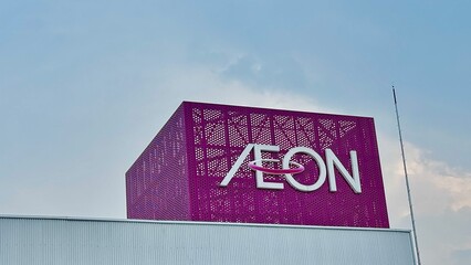 Jakarta, Indonesia, August 5, 2025 : Aeon logo at Eastvara Mall, Bumi Serpong Damai (BSD). Eastvara BSD is a new shopping center located in BSD City, Tangerang. This mall features an open-space concep