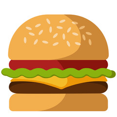Tasty cheeseburger illustration with sesame bun, beef patty, lettuce, tomato, cheese, and sauce layer.
