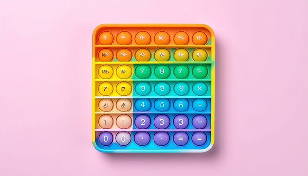 “Colorful pop-it toy with math symbols and numbers, rainbow gradient, educational sensory play, close-up view”