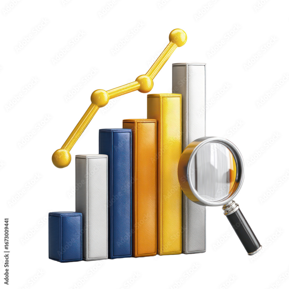 Poster 3d bar graph and line chart with magnifying glass representing growth and analysis