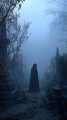 Mysterious figure dark cloak foggy cemetery autumn trees eerie atmosphere solitude gothic overcast sky moody silence