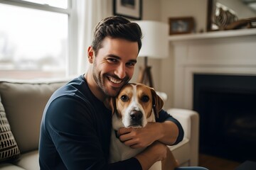 Happy man cuddling his beloved beagle dog at home in a cozy living room