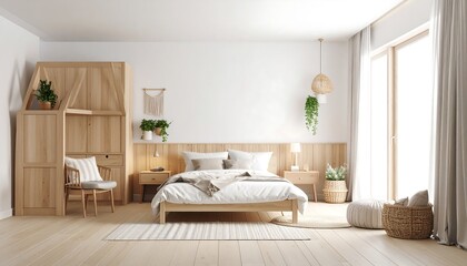 Serene bedroom interior with light wood furniture and natural decor accents