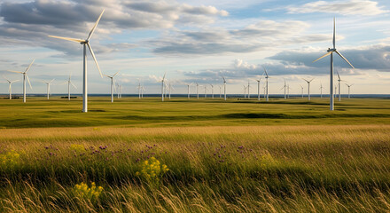Expansive view of a modern wind turbine farm gracefully stands on a wide, sun-kissed field beneath a captivating sky, offering a vision of sustainable energy production and environmental harmony