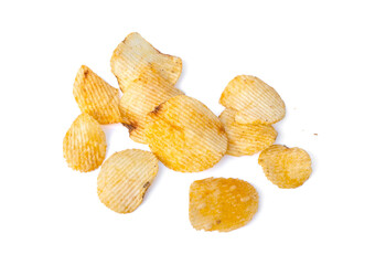 Pile of Crispy Corrugated Potato Chips golden crunchy snack mixed with barbecue seasoning powder isolated on white background.