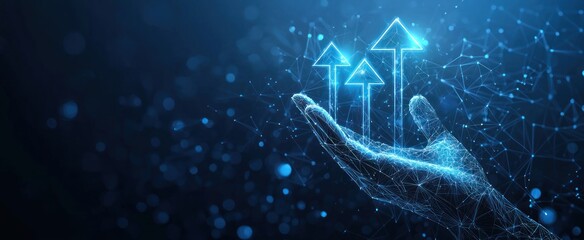 Abstract digital businessman hand holding rising arrows in futuristic style. Successful business and growth strategy concept. Low poly wireframe 3D illustration on technological blue background.