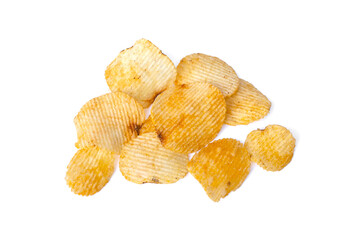 Pile of Crispy Corrugated Potato Chips golden crunchy snack mixed with barbecue seasoning powder isolated on white background.