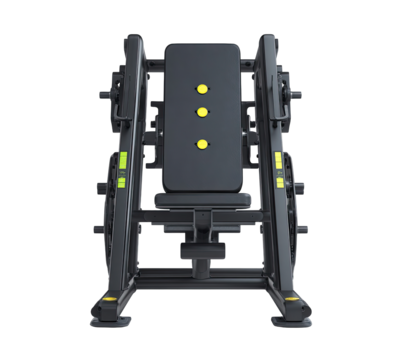 Dark gray strength training machine with adjustable back support and yellow accents