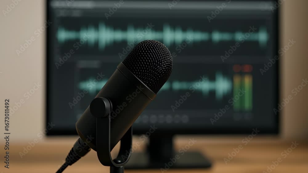 Poster professional microphone in live streaming studio captures high quality audio for engaging broadcast 