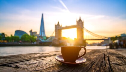 Steaming Coffee Cup with Tower Bridge London Sunrise View.
