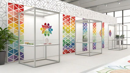 Interior view of an exhibition space with geometric patterns and display cases in a modern design amazing