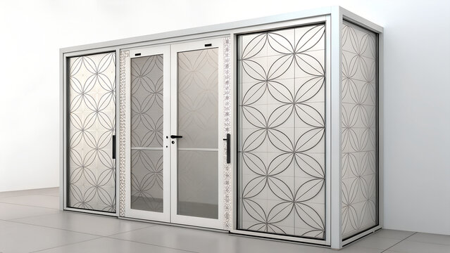 White doors with geometric pattern and black handles in a modern minimalist decration