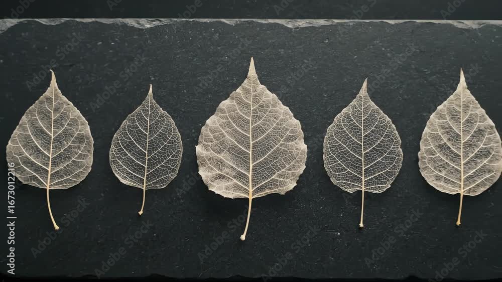 Poster five delicate, transparent leaf skeletons arranged in a row, showcasing intricate vein patterns.