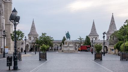 Budapest, Hungary – View of Halászbástya (Fisherman’s Bastion), a Neo-Romanesque lookout...