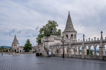 Budapest, Hungary – View of Halászbástya (Fisherman’s Bastion), a Neo-Romanesque lookout...