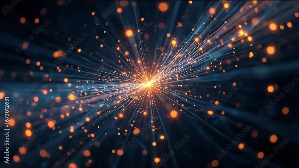 Poster futuristic data stream visualization with glowing particles and beams