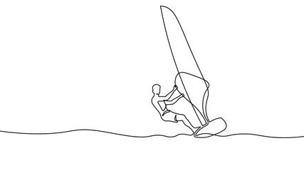 One line windsurfer illustration. Continuous drawing water sport sailing extreme activity. Adventure tourism travel recreation. Minimalist style white background vector