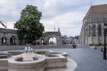 Budapest, Hungary – View of Halászbástya (Fisherman’s Bastion), a Neo-Romanesque lookout...
