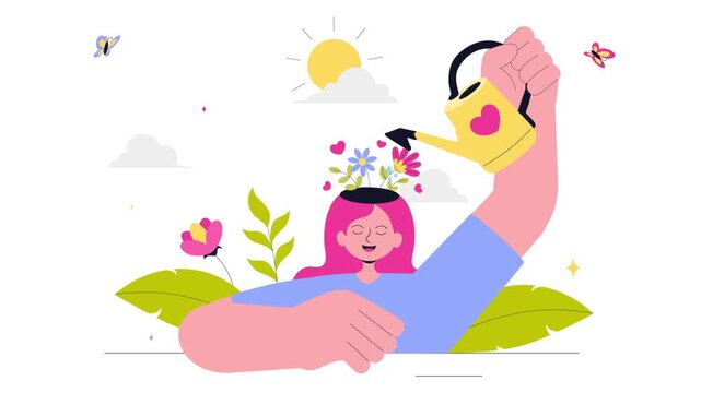Animation of Mental Health Illustration Featuring a Brain and Flowers, Symbolizing Enjoying Life, Solving Mental Problems, and Thinking Positively