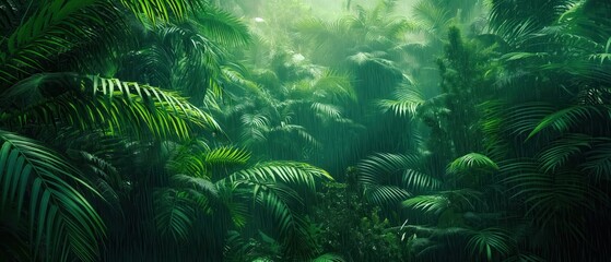 Lush rainforest under heavy rainfall, deep green canopy