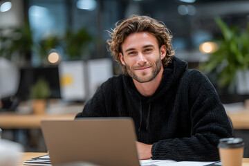 Portrait of cheerful male student enjoying learning n coworking office using lptop computer for researchhappy freelancer looking a camera during making projct for remote job making ntes.