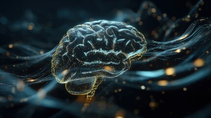 3D holographic representation of an AI brain surrounded by flowing data streams and neural network connections. Futuristic innovation concept with glowing elements.