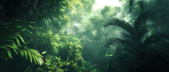 Misty jungle canopy: lush greenery and tropical foliage in a dense, dreamy forest