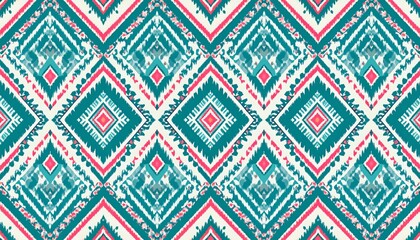 Sophisticated ikat pattern featuring geometric diamonds in shades of teal and coral creates a