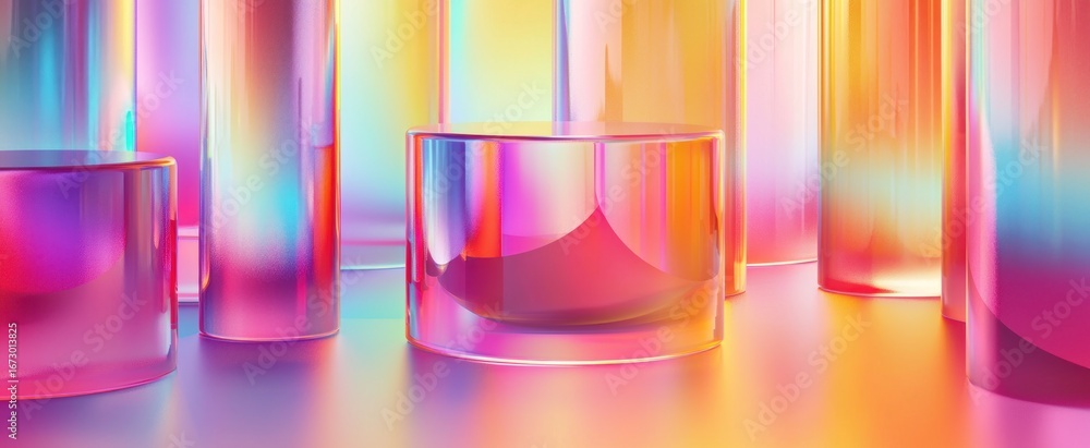 Poster abstract iridescent round cylinder shapes with colorful gradient. 3d rendering illustration for grap