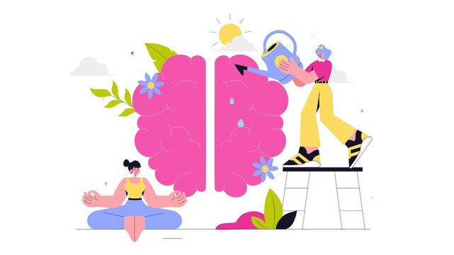 Animation of Mental Health Illustration Featuring a Brain and Flowers, Symbolizing Enjoying Life, Solving Mental Problems, and Thinking Positively