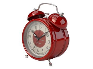 Classic red twin bell alarm clock with metal handle and legs