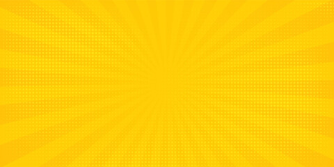 Abstract orange comic background. Art pop cartoon backdrop. Halftone effect pattern. Fun anime texture. Starburst manga style bg. Mark popart radial gradient. Spiral, swirl, comic rays. © HIJAU