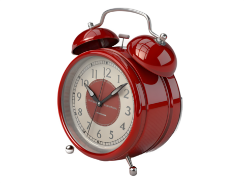 Classic red twin bell alarm clock with metal handle and legs