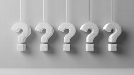 Five white 3D question marks on ropes against gray for orderly Consumer Rights Day.