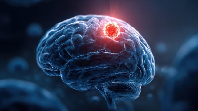 Semi-transparent blue brain with red glow for focal World Brain Day medical.