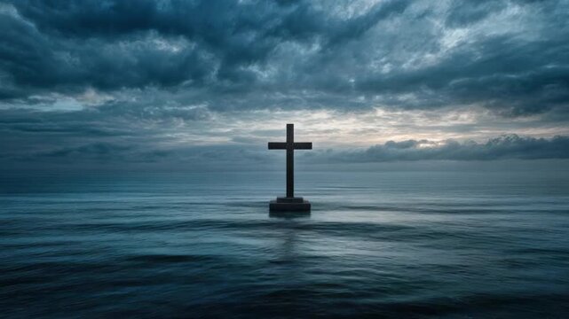 Cross stands firm in ocean against dramatic cloudy sky, casting reflection