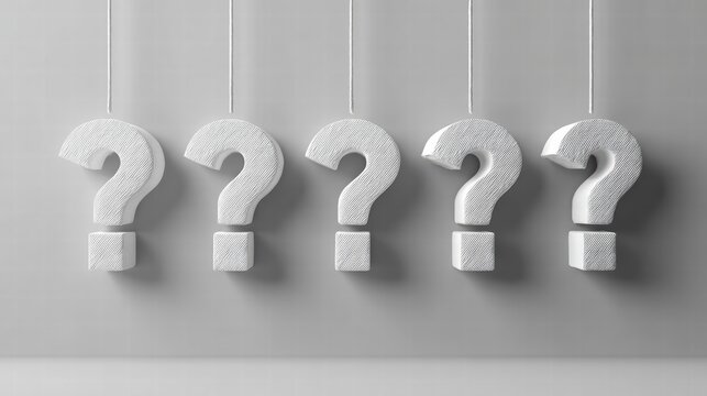 Five white 3D question marks on ropes against gray for orderly Consumer Rights Day.