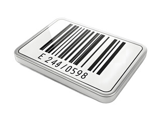 Close up of a metallic object with a barcode and numbers on a black background