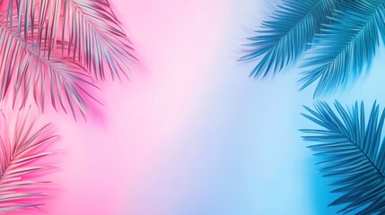 Neon pink & blue gradient background—palm leaves on right side, creates summer vibes; minimalistic design with two palm tree branches on edge, boosts modern aesthetic; ideal for vibrant color