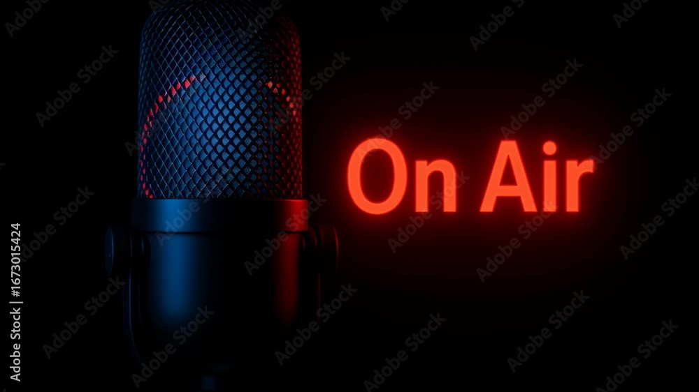 Poster engaging atmosphere in live audio streaming studio with microphone on air for dynamic broadcasting e