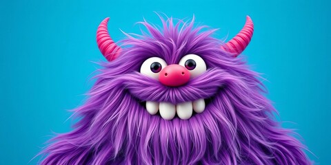 Fototapeta premium Cheerful, fluffy purple monster smiles on vibrant blue, joy, illustration art