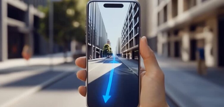 Person holding smartphone with augmented reality navigation overlay