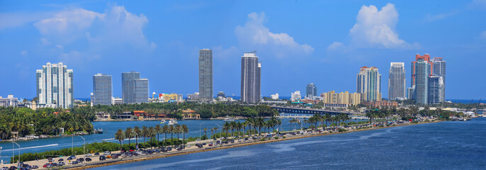 Panoramic view of Star island and South beach condominiums in Miami, Florida on a sunny day.