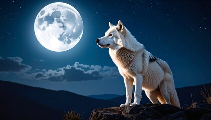 Majestic White Wolf Howling Night Mountains (1)