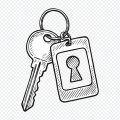 Hand-Drawn Key and Keychain Sketch – Black and White Security Symbol Illustration with Stylized Keyhole and key, heart, love, icon, symbol, vector, illustration, lock, valentine, sign, romance.