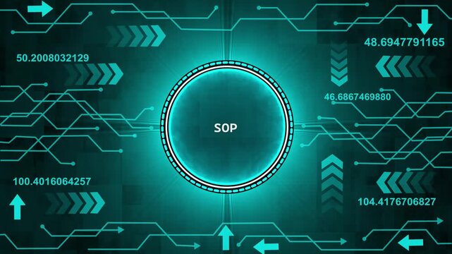 Neon S O P Circular Interface with Digital Data Streams and Arrows on Futuristic Tech Background. 4k video animation. abstract background internet of things animation concepts.